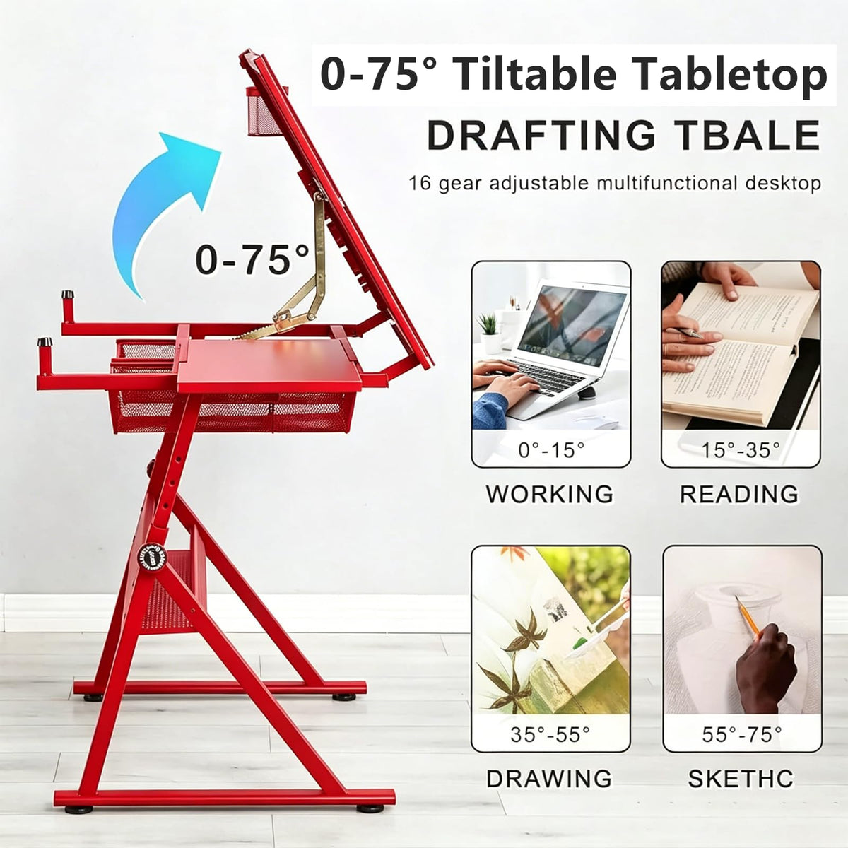 Drafting Table, Height Adjustable Art Tabe with Stool, Black