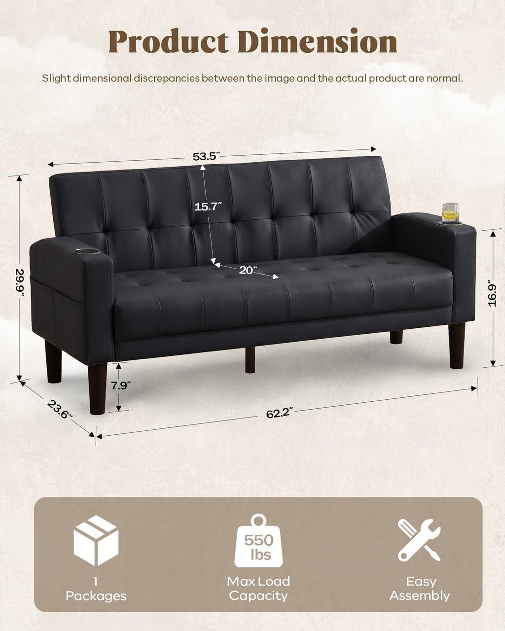 2 Piece Dark Grey Fabric Linen Mid Century Modern Living Room Sofa Set