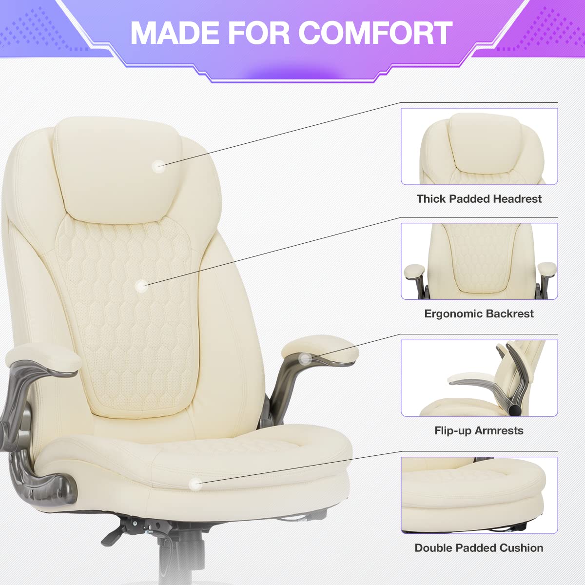 COLAMY High Back Executive Office Chairs, Ergonomic PU Leather Desk Chairs with Flip-Up Armrests, Adjustable Height, Lumbar Support, Comfortable Computer Chairs for Home Office, Set of 2