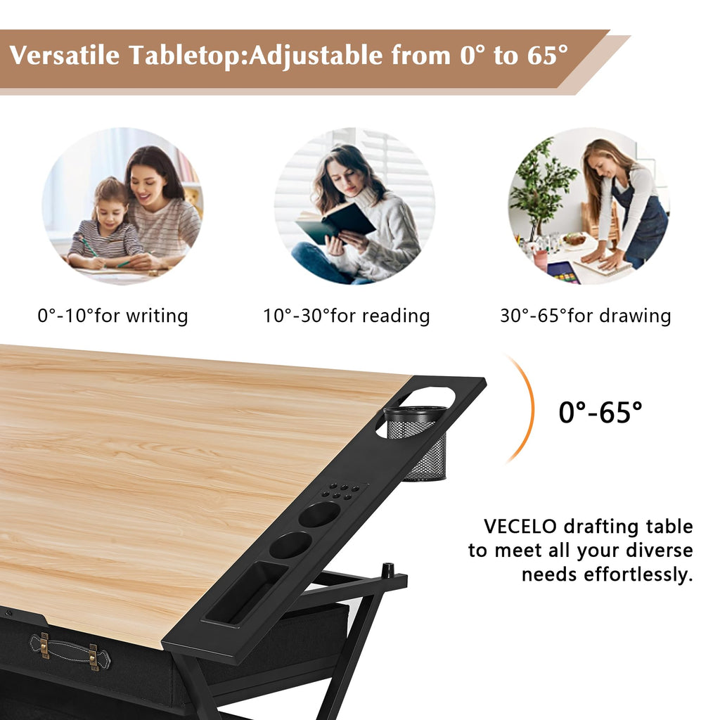 VECELO Drafting Table Art Desk Art Table Adjustable Drawing Table Tilted Tabletop with 2 Storage Drawers and Stool, Drawing Desk for Artist Painters Drawing, Crafting, Reading, Writing, White