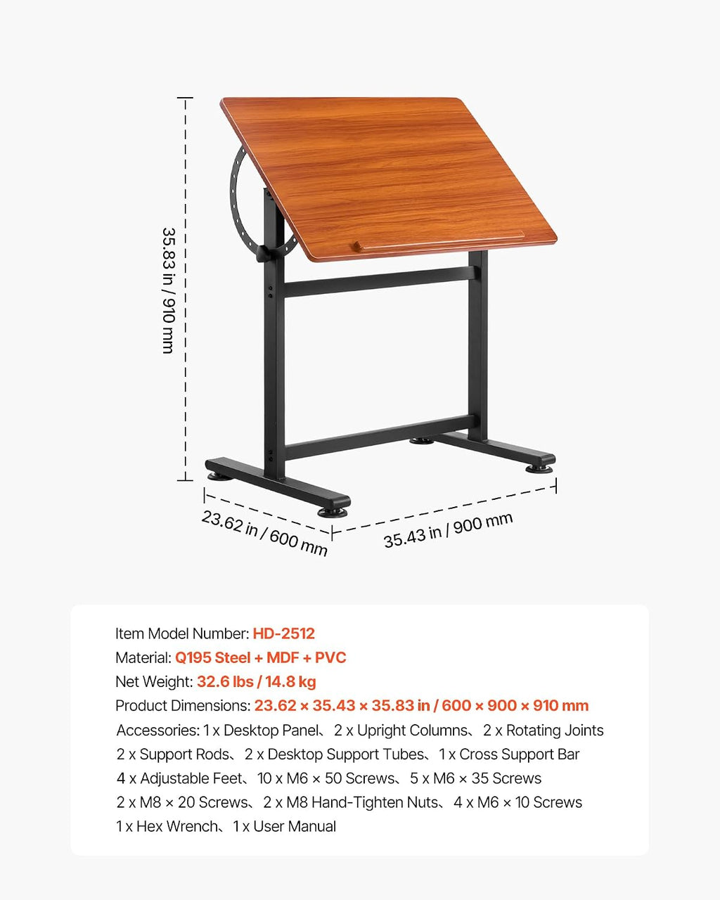 VEVOR Drafting Table, Adjustable 0Â°â90Â° Tilt Drawing Desk, Portable Artist Table with Black H-Frame and Brown Desktop, Wooden Painting Desk Craft Workstation for Reading, Writing, Crafting, Meeting