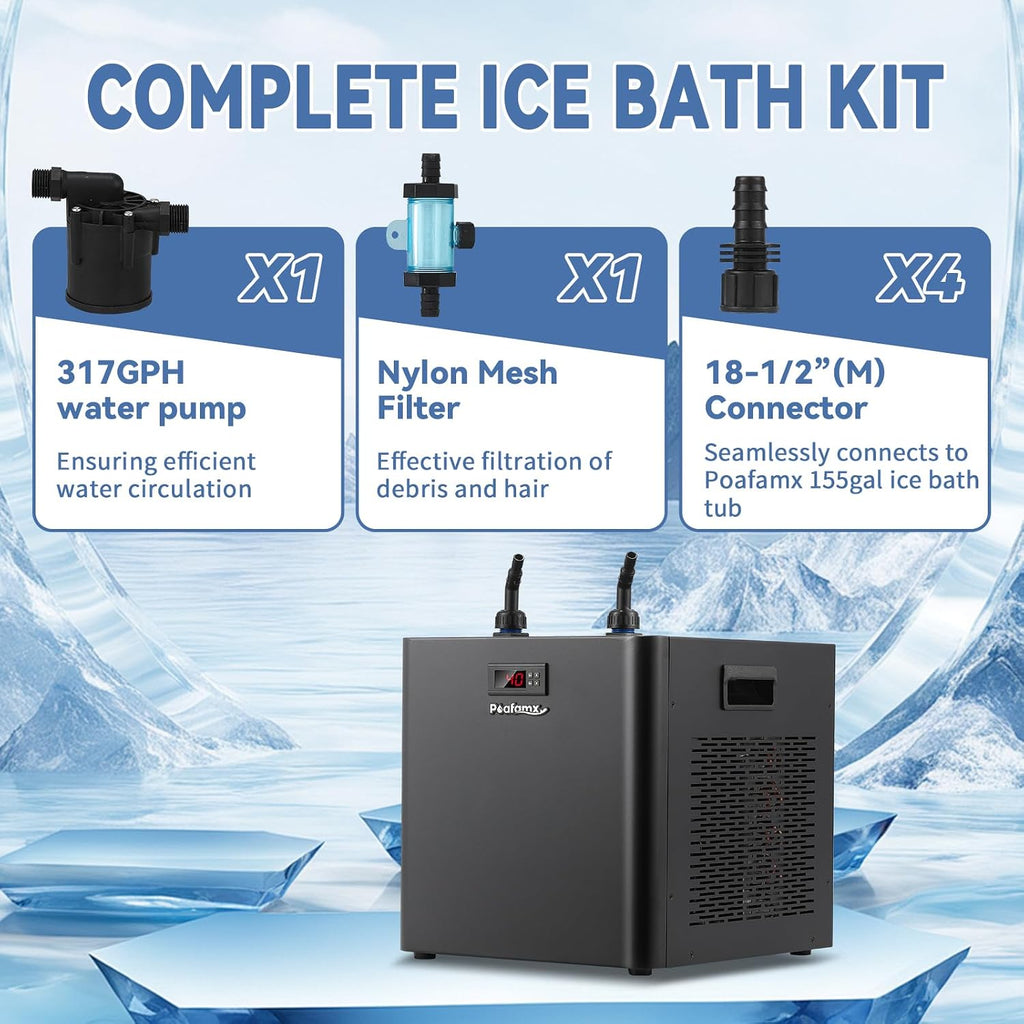 Poafamx 1/2HP Water Chiller for Cold Plunge, Ice Bath Chiller Kit 132Gal
