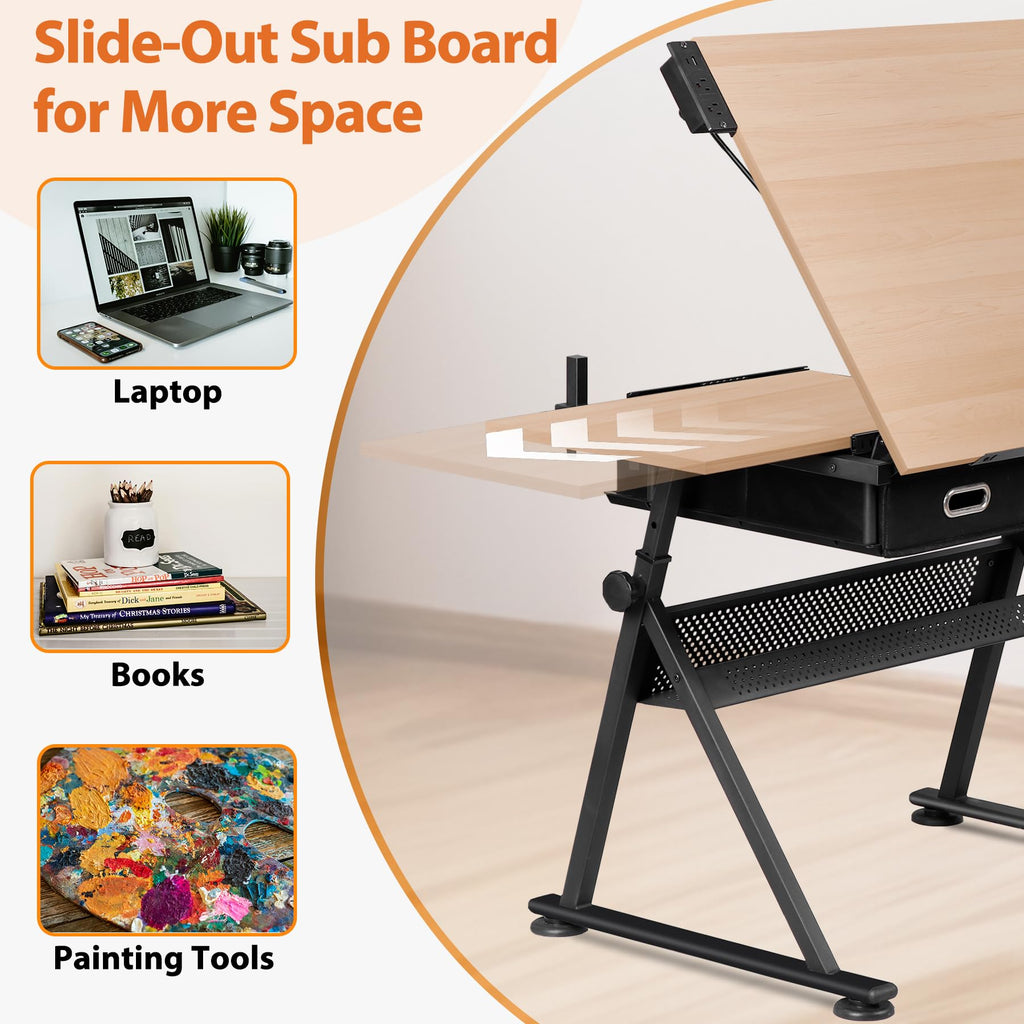 SUPER DEAL Drafting Table Set with Charging Station, Height Adjustable Tilting Drawing Desk Artist Desk with Stool Multifunctional Art Craft Workstation with 2 Storage Drawers for Home Office School