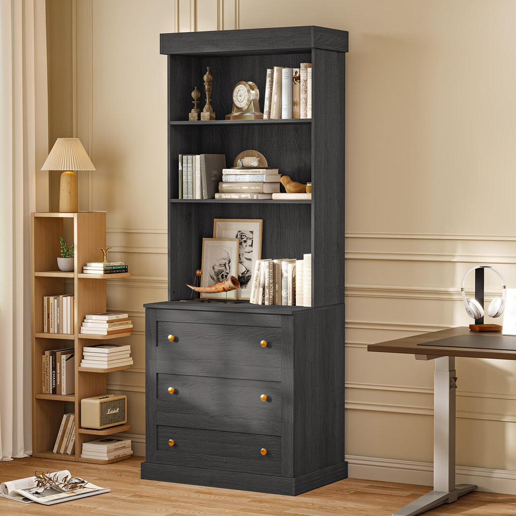 Vyre 71" Black Modular Farmhouse Bookcase Set of 3, Expandable Storage Cabinets with Glass Doors or Drawers for Home Office and Study Room