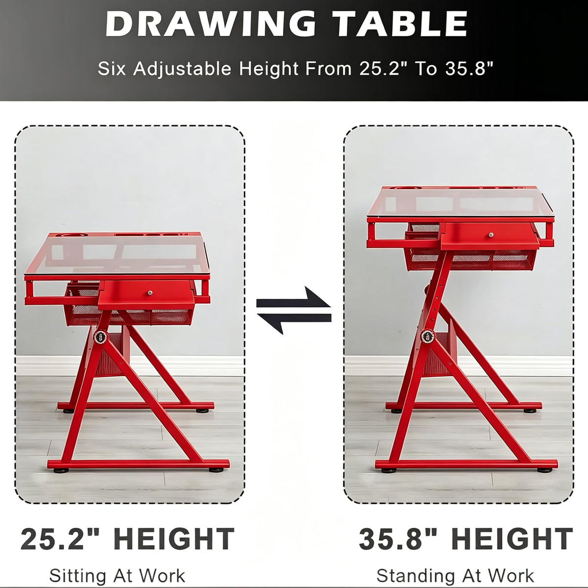 Drafting Table, Adjustable Height Drawing Table Art Table Painting Table Art Craft Desk with 0-75Â° Tilting Glass Tabletop and Storage Drawers, Black