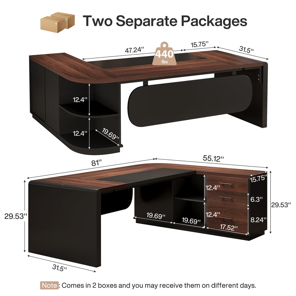 Tribesigns 81-Inch L-Shaped Office Desk, Large Commercial Office Desk with Drawers and File Cabinet, Modern Professional Business Furniture Workstations with Storage Shelves, Brown & Black