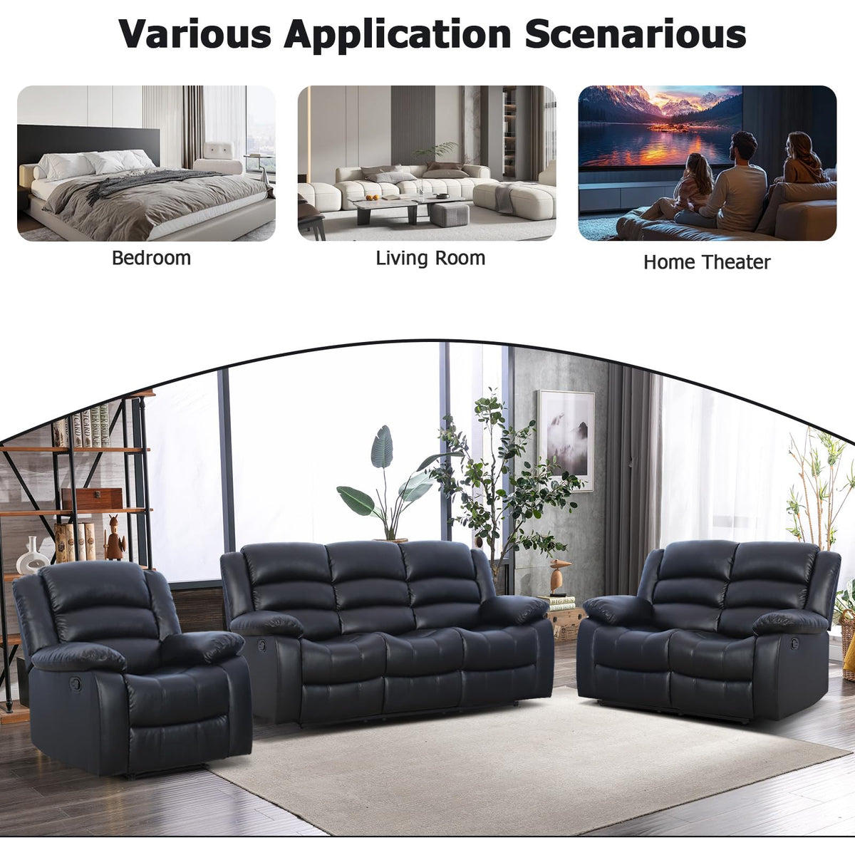 EBELLO Manual Faux Leather Reclining Couch Set for Living Room, Include 1 Recliner Chair, 1 Loveseat Sofa, Recliner Sofa Furniture Set for Home and Office, Black