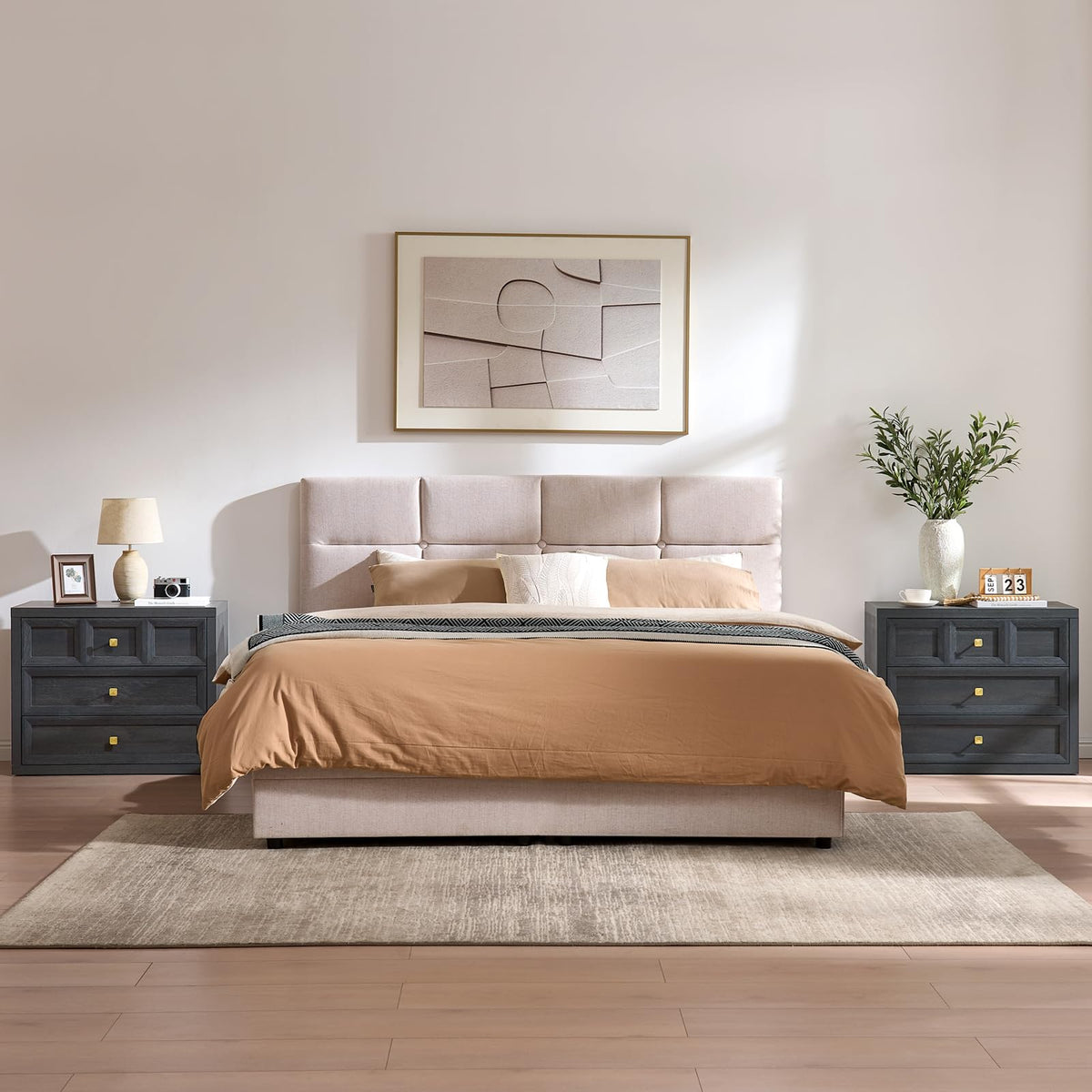 3 Drawers Nightstand Set of 2 W/Charging Station, 30.7" W King Size Bedside Table with 3 Drawers, Accent End Table W/Large Storage, Modern Wood Side Table for Bedroom,Office (2 Pieces, Gray Black)