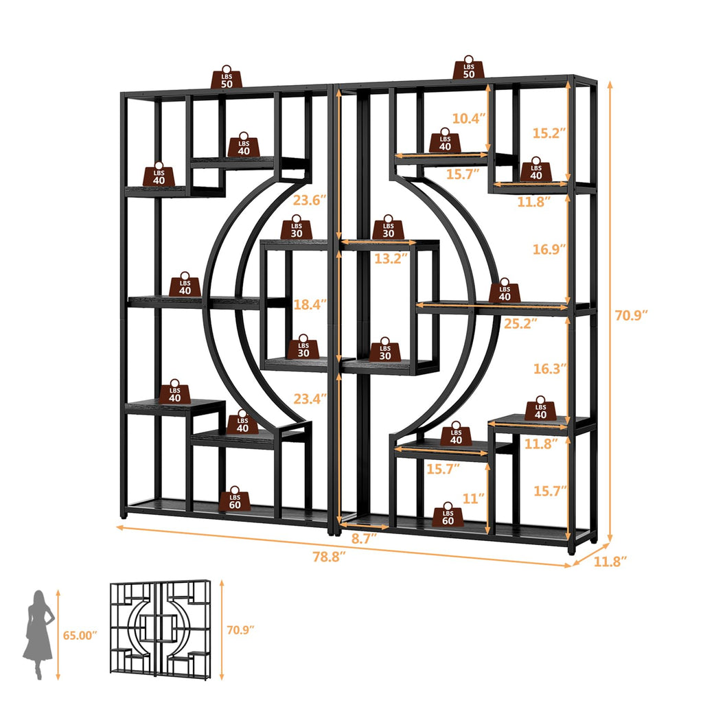 LGHM Industrial 5-Tier Bookshelf with Storage, 70.9 Inch Tall Large Display Bookcase - Modern Metal Standing Shelves for Living Room, Office and Bedroom, Set of 2, Greige