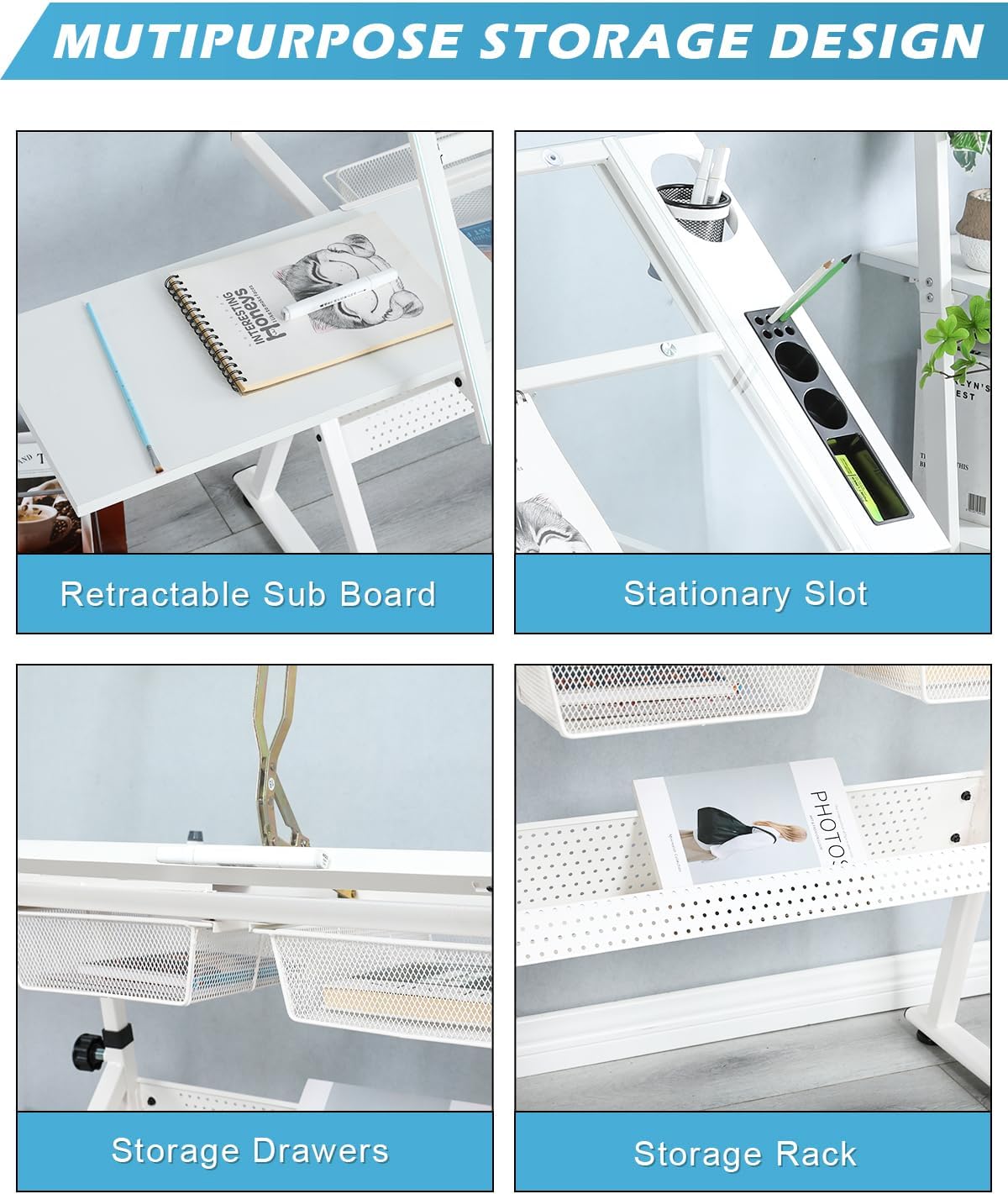 Drafting Table Adjustable for Artists - Art Drawing Desk with Storage for Painting Sketching - Glass Top for Painters Illustrators Cartoonists White