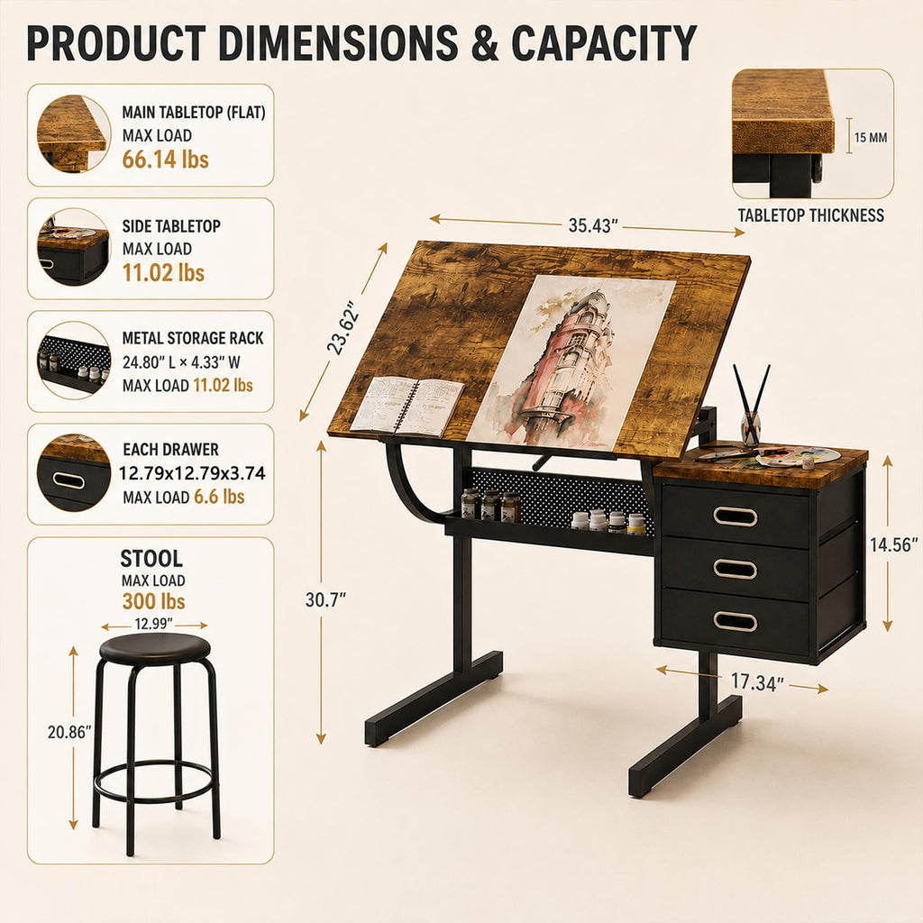Artist Desks, Drafting Table with Stool & 3 Storage Drawersï¼Black