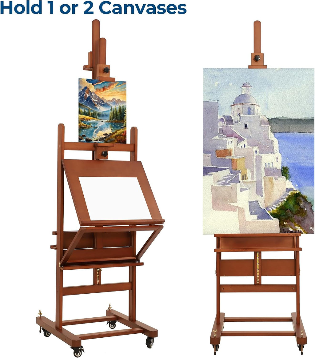 VISWIN Double-Sided Easel & Drafting Table, Hold 1 or 2 Canvas, Solid Beech Wood Artist Easel for Painting Canvas, Adjustable H Frame Easel with Tray & Wheels, Art Easel Stand for Adults, Artists