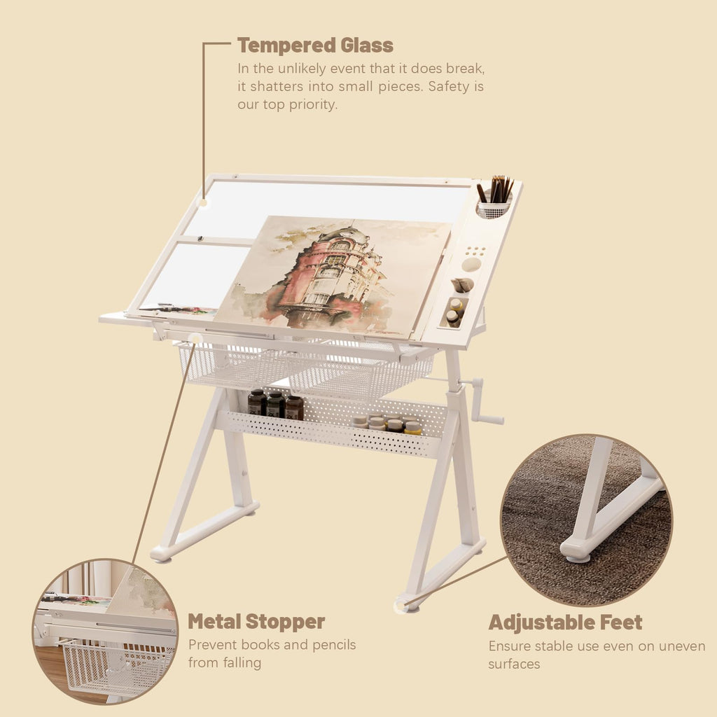 Black Drafting Table Desk w/Stool, Painting Table Art Craft Desk Crafting Table with Tilting Tempered Glass Top, 2 Storage Drawers, Height Adjustable
