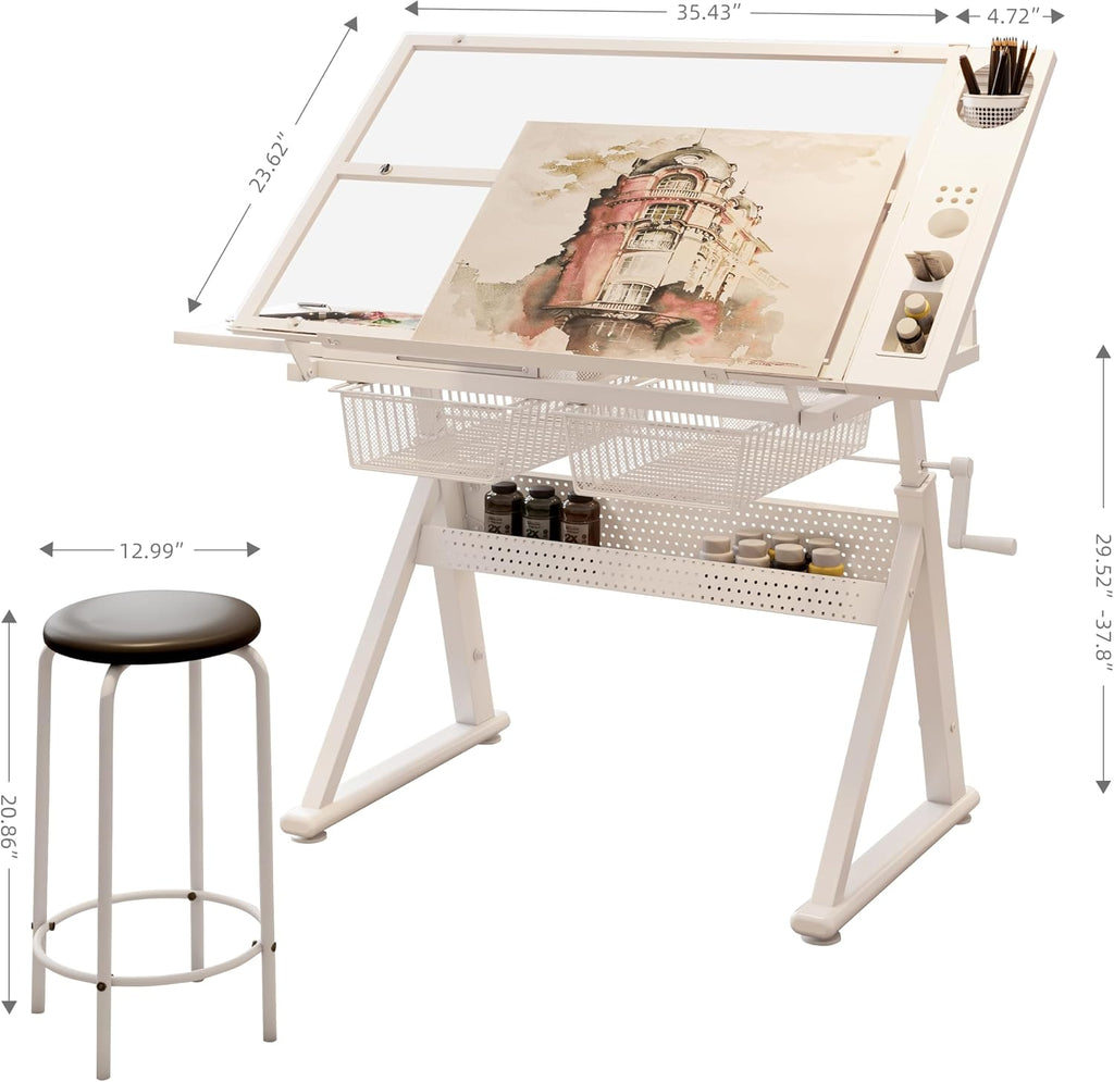 Height Adjustable Drafting Art Table for Adults, White Tempered Glass Drafting Drawing Printing Table Desk with Stool, 0-75Â° Tilting Tabletop Art Drawing Table for Drawing,Hand Crank