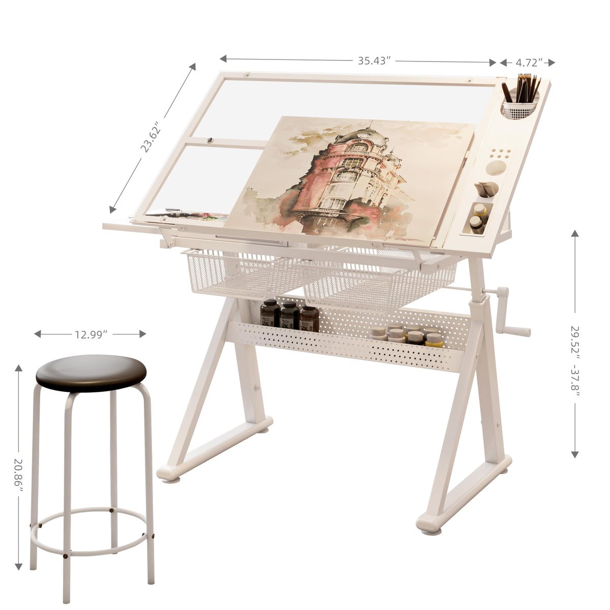 Black Drafting Table Desk w/Stool, Painting Table Art Craft Desk Crafting Table with Tilting Tempered Glass Top, 2 Storage Drawers, Height Adjustable