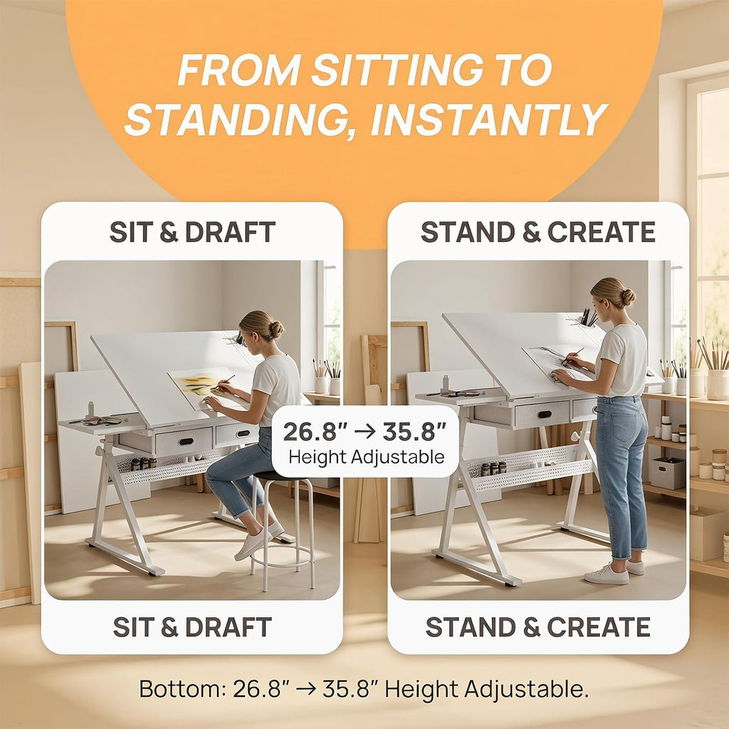 Height Adjustable Drafting Table Drawing Table Artist Desk Tilting Tabletop Art Craft Desk with 2 Storage Drawers and Stool, Art Craft Desk for Artist Painters Drawing Painting (All White)