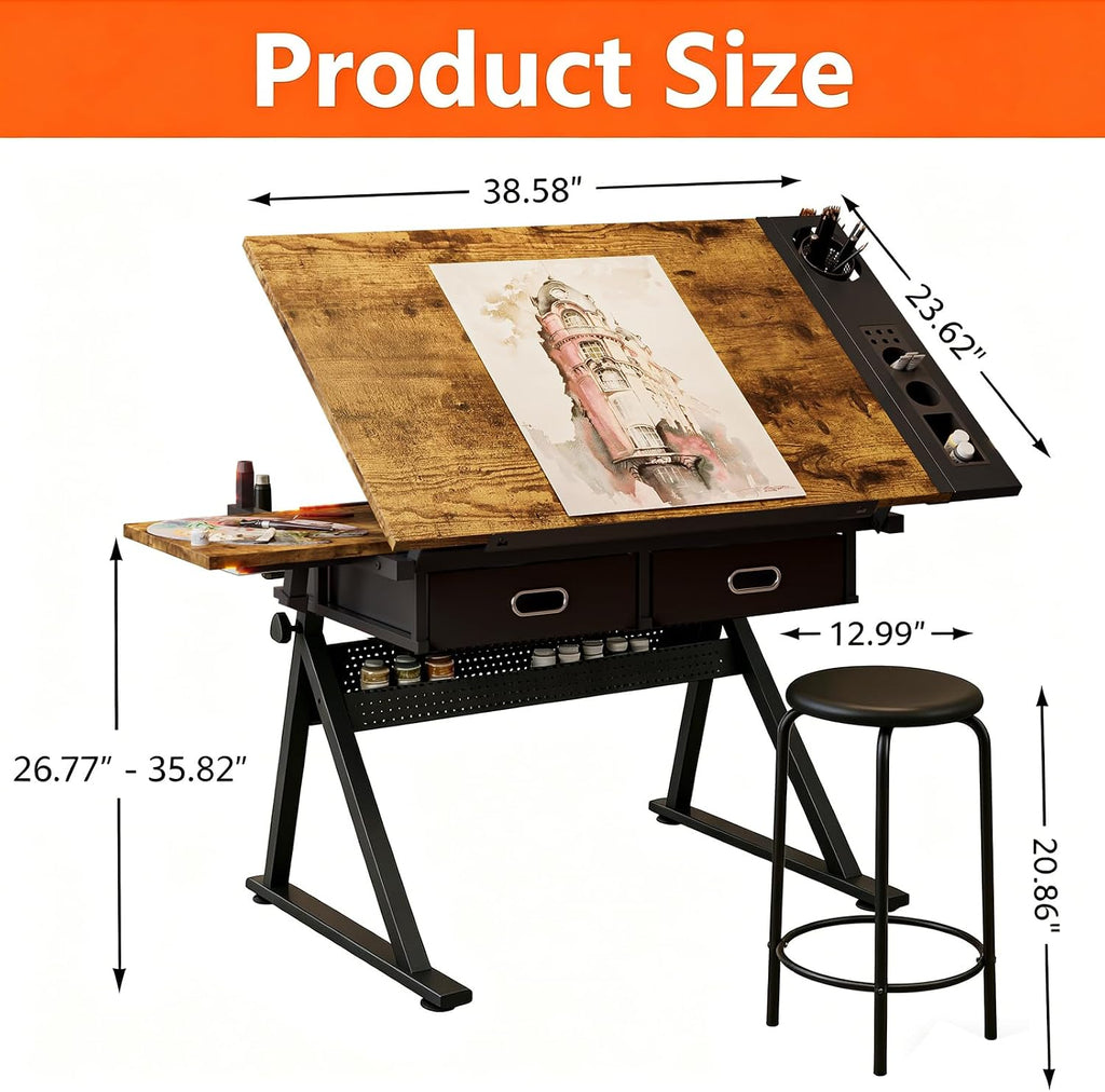 Height Adjustable Tilt Drafting Table with 2 Storage Drawers & Stool Brown