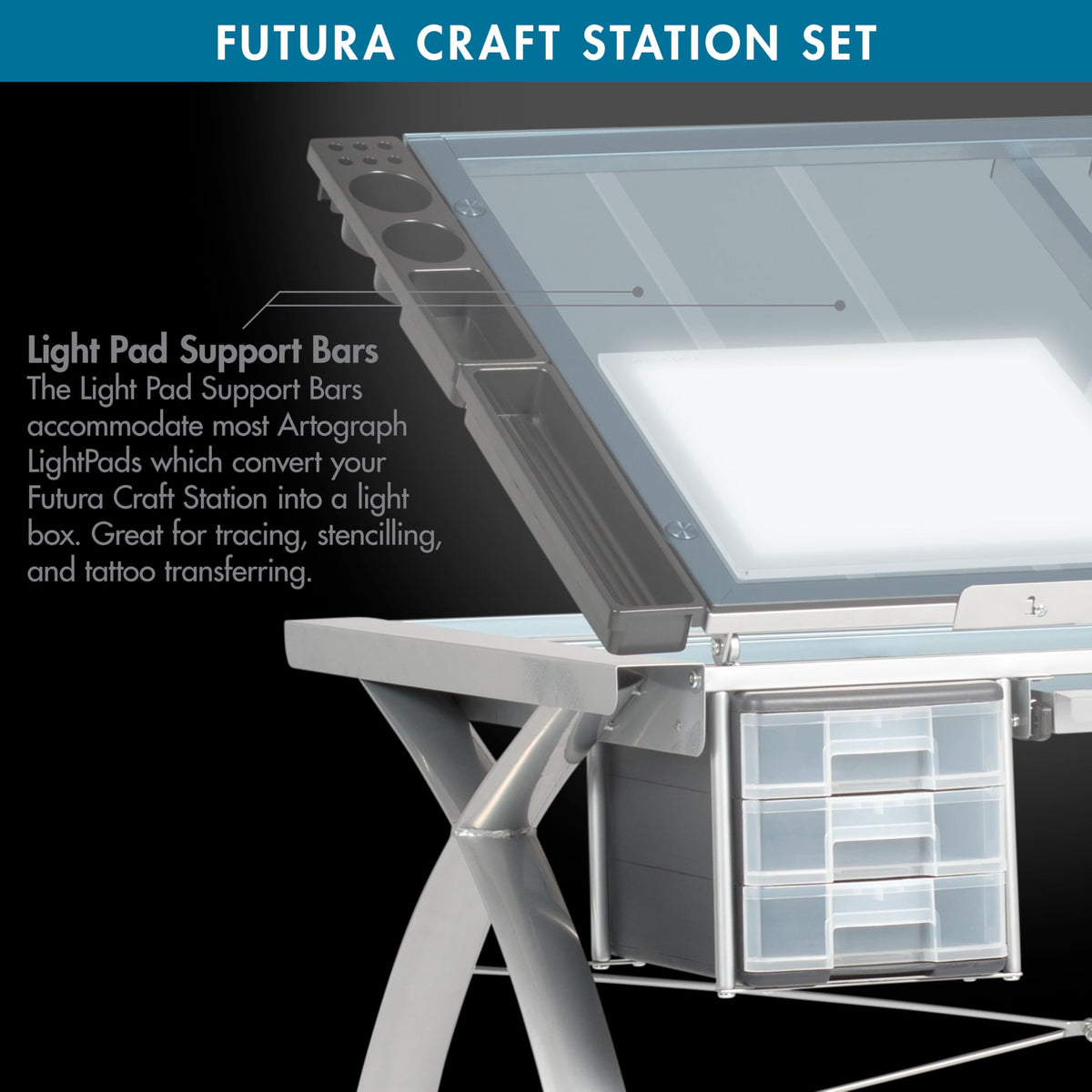 SD Studio Designs 10096 Futura Station with Folding Shelf Top Adjustable Drafting Craft Drawing Hobby Table Writing Studio Desk with Drawer, 35.5'' W x 23.75'' D, White/Clear Glass