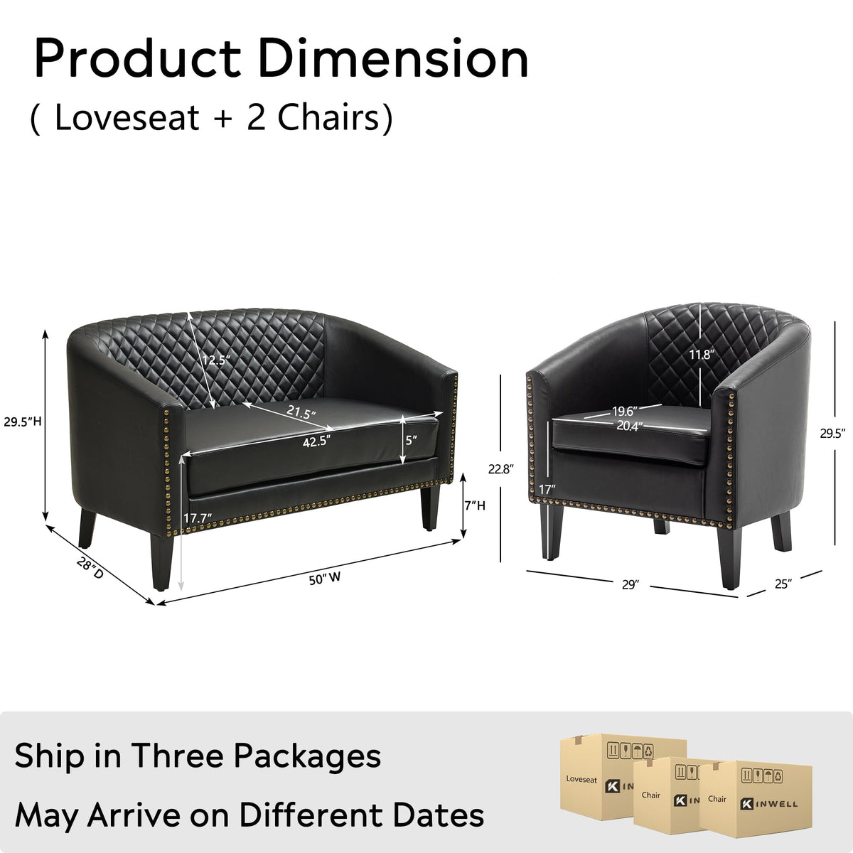 KINWELL 29" W Faux Leather Tufted PU Barrel Club Chairs Set of 2, Black