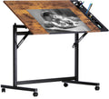 VECELO Vintage Drawing Drafting Table, Adjustable Tilting Top Art Desk Craft Work Station with Pencil Ledge, Lockable Slide Rolling Wheels for Painting Diamond Reading Writing Study, Rustic Brown