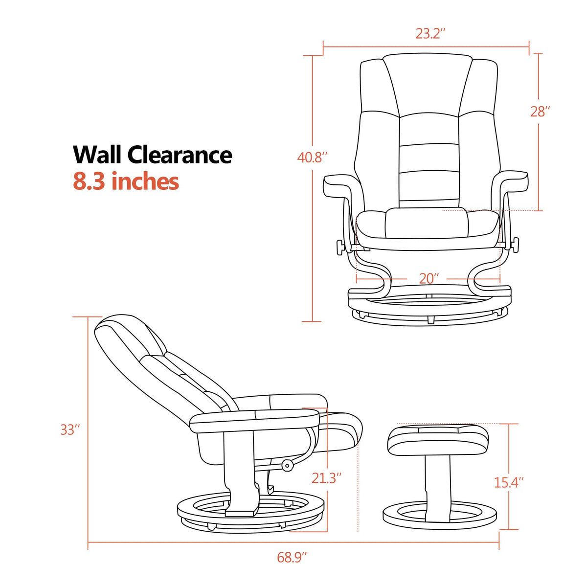 MCombo Manual Swivel Recliner with Ottoman, Faux Leather 9019