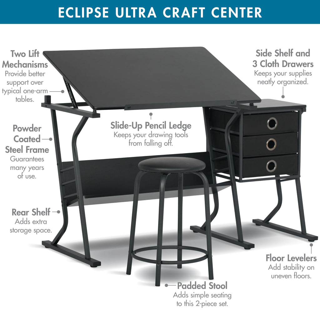 2 Piece Eclipse Ultra Center/Drawing Table with Stool, Angle Adjustable Top, Storage Shelves, and Drawers