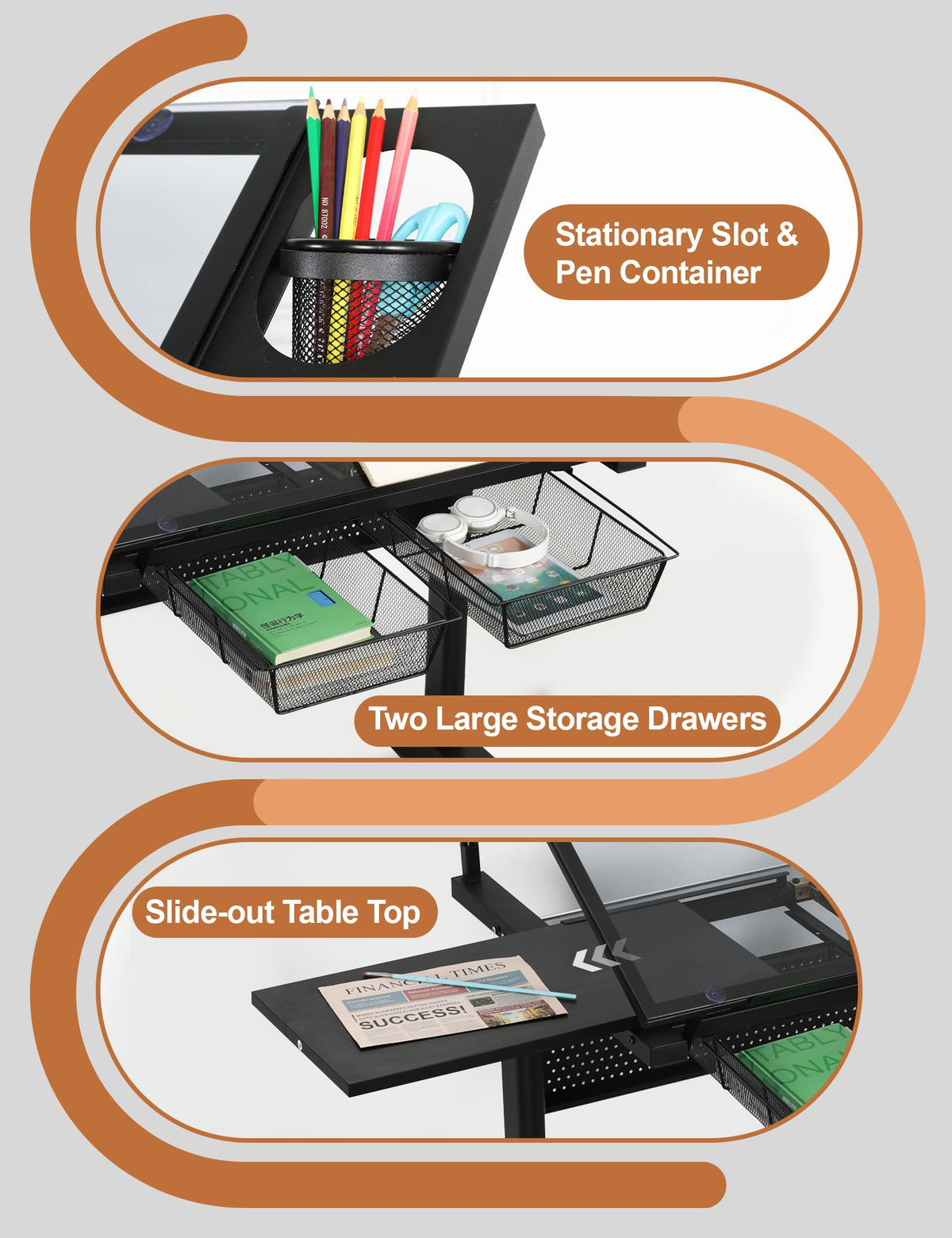 Adjustable Drawing Table for Artists | Drafting Desk with Tilted Glass Top | Art & Craft Table for Adults (Black, Classic Pro-27.16''- 35.82'' H)