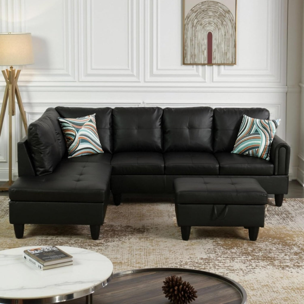 97.5" L-Shaped Modular Sectional Sofa with Movable Chaise & Storage Ottoman, 3 Piece Convertible Leather Couch, 4 Seat Gloss Black Living Room Furniture Set for Apartment Home Office