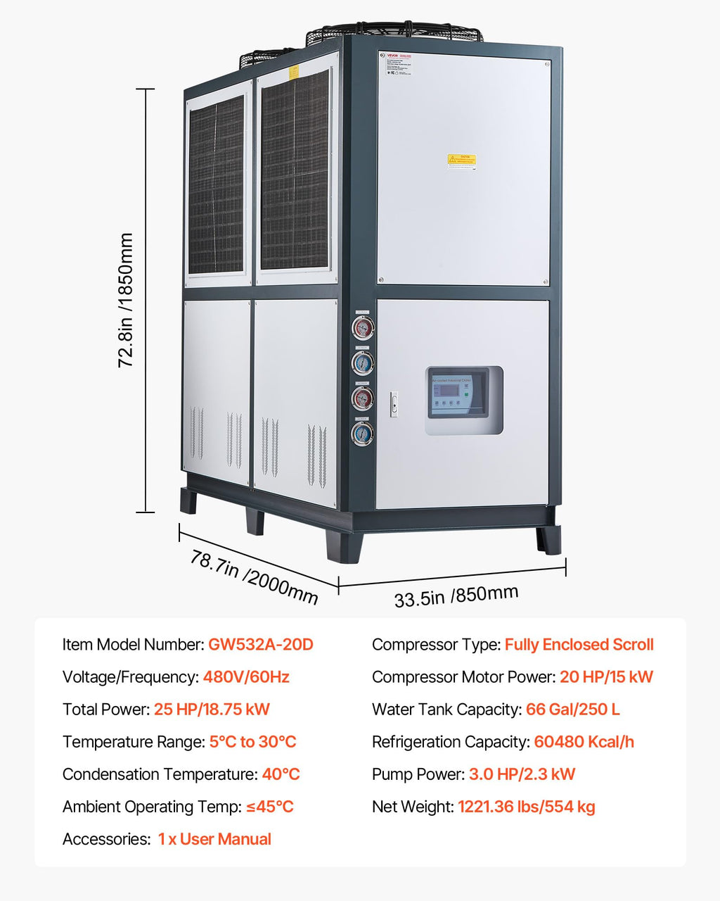 VEVOR Air Cooled Water Chiller, 5 Ton Portable, 5HP/3.75KW Compressor Motor, 53L Capacity Stainless Steel Water Tank, Finned Condenser with Micro-Computer Control, Industrial Chiller for Cooling Water