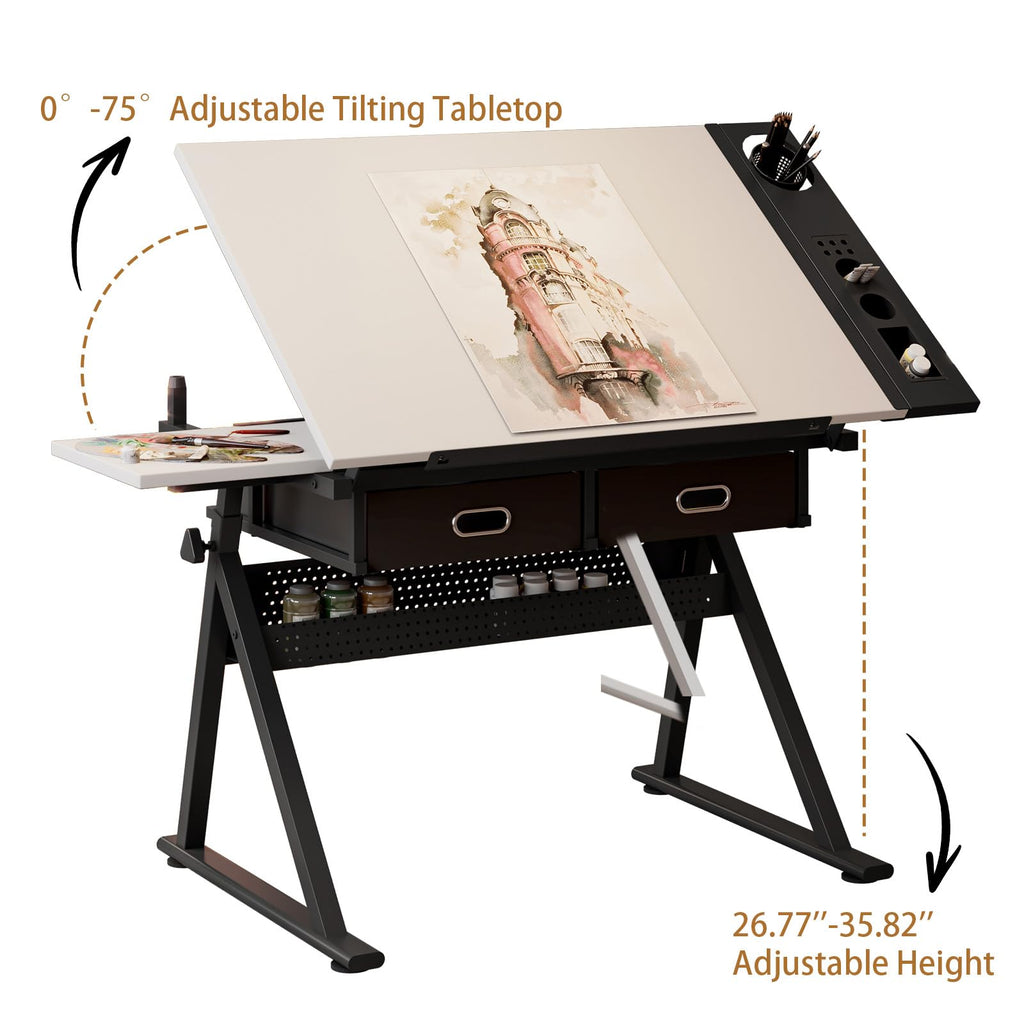 Drafting Table and Stool Set for Adults/Artists, Drawing Table with Adjustable Tabletop and Height, Art Workstation for Painters Crafting Reading Writing Home Office, All White
