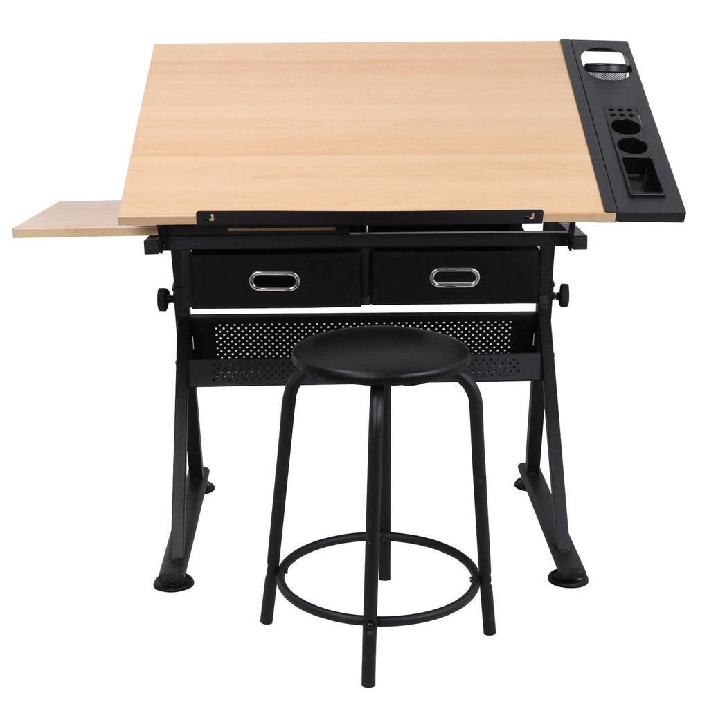 LEMY Drafting Table Art Desk, Height Adjustable Drawing Table Tilting Tabletop Work Station with Stool and Storage Drawer for Home, Office, Writing, Black