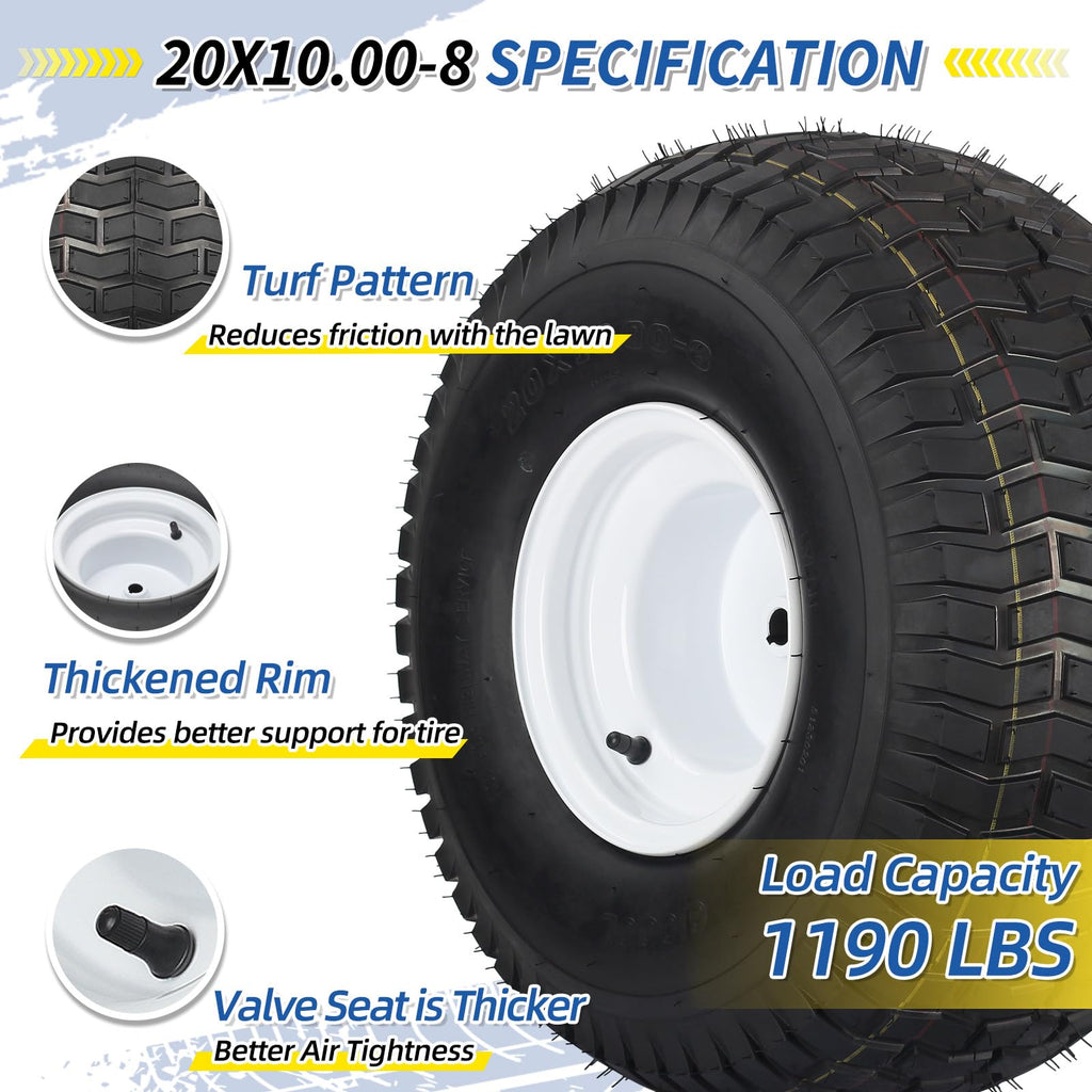 GICOOL 20x8.00-8 Lawn Mower Tire and Wheel, 4 Ply Tubeless Tire, 20x8-8nhs Riding Lawn Mower and Tractor Rear Tire and Wheel Assemblies, 3.5" Offset Hub, 3/4" Borehole, and 3/16" Keyway