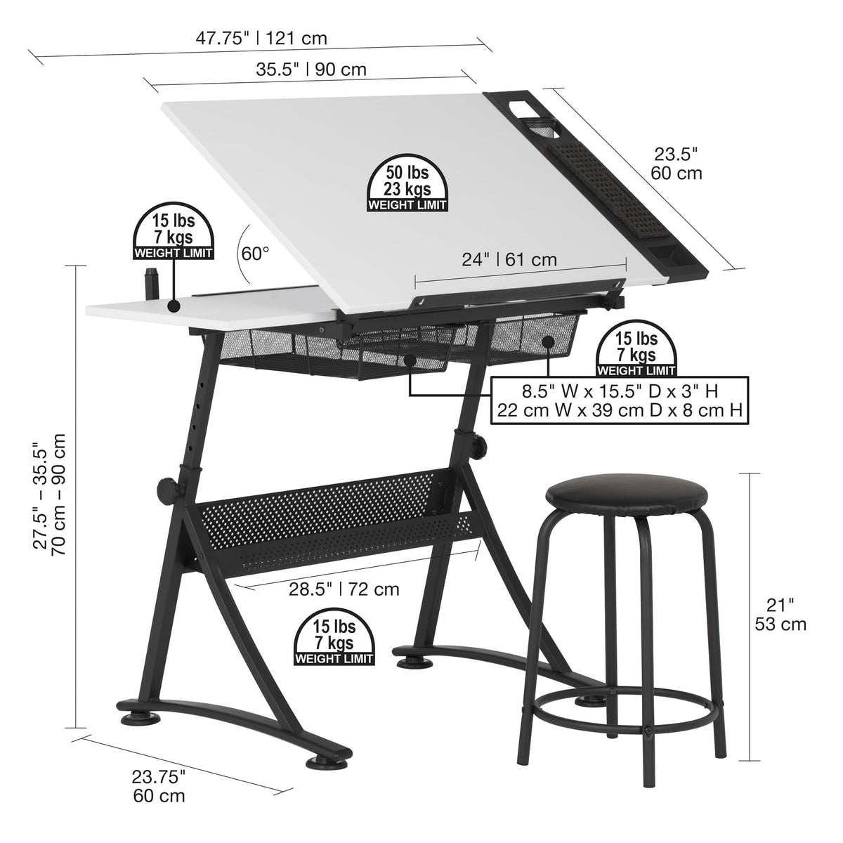 Studio Designs Fusion Drafting Table with Integrated LED Light Pad, Height & Angle Adjustable Tempered Glass Light Table, Artograph Light Pad, Storage Drawers & Side Shelf