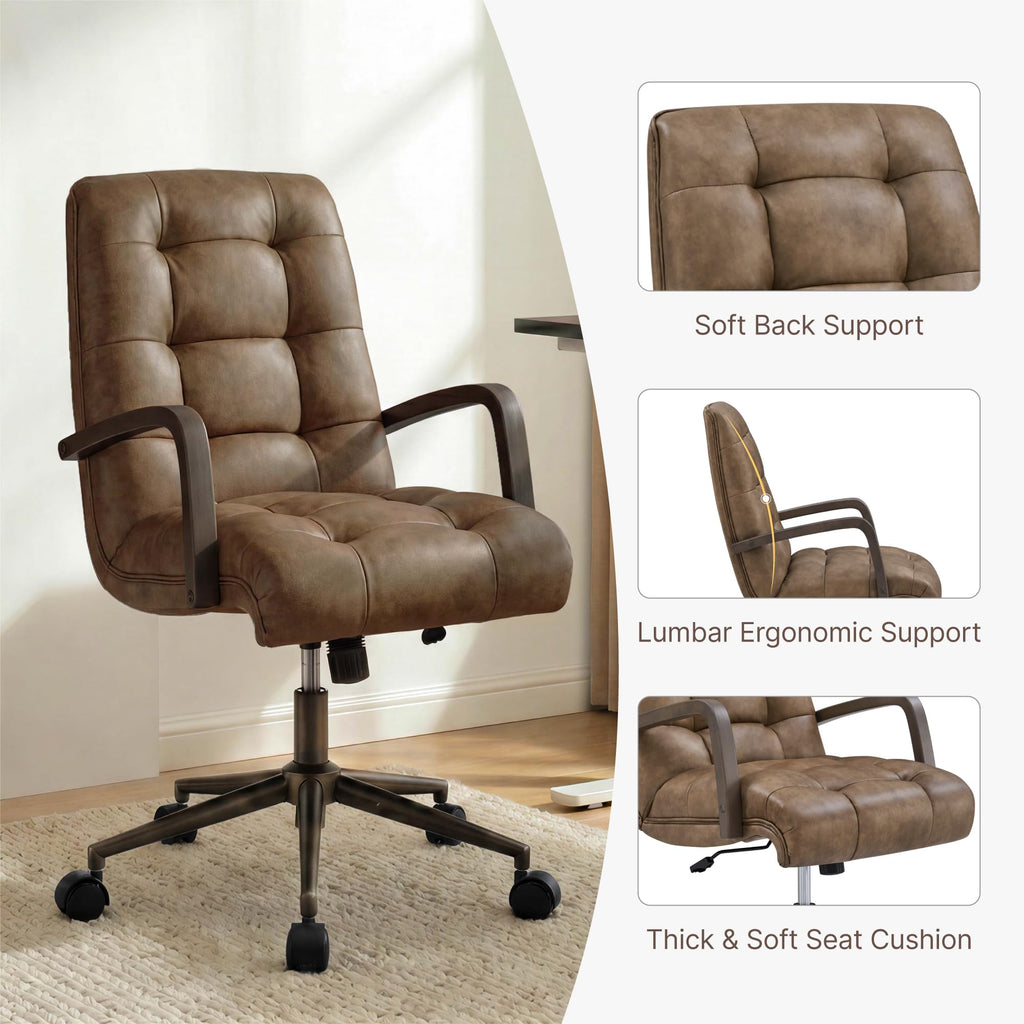 KISLOT Home Office Desk Chair, Ergonomic Office Chair with Lumbar Support, Adjustable Swivel Computer Chair with Wheels, Faux Leather Executive Task Chair with Wood Arms, Set of 2, Brown