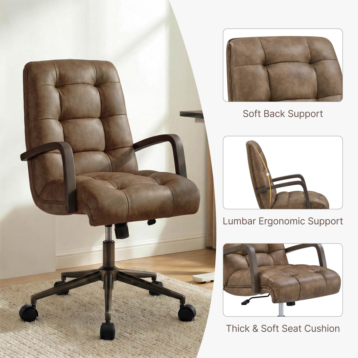 KISLOT Home Office Desk Chair, Ergonomic Office Chair with Lumbar Support, Adjustable Swivel Computer Chair with Wheels, Faux Leather Executive Task Chair with Wood Arms, Set of 2, Brown