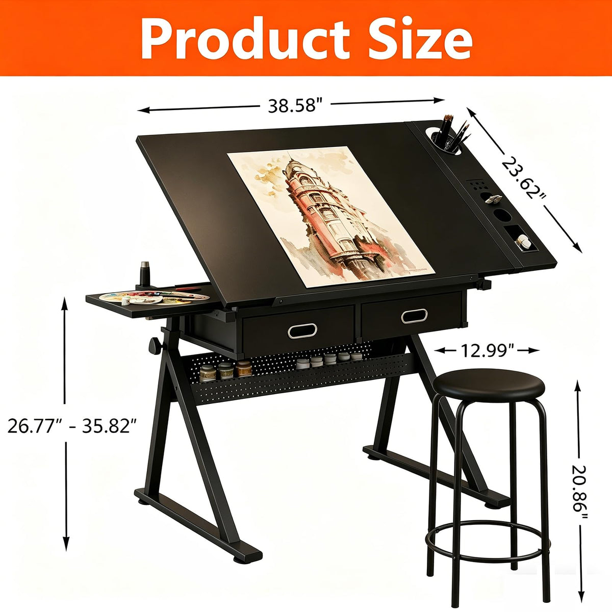 Height Adjustable Tilt Drafting Table with 2 Storage Drawers & Stool Brown