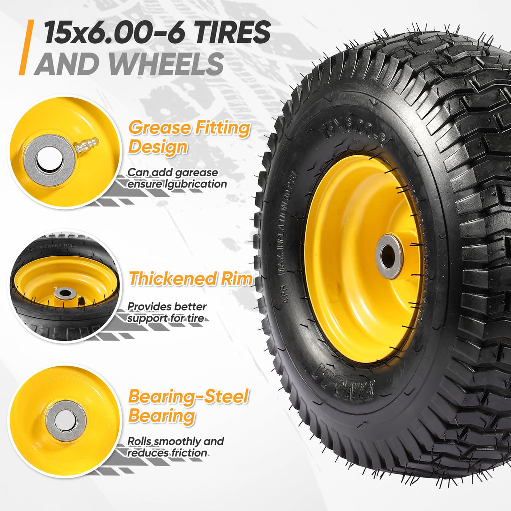 15x6.00-6 Flat Free Lawn Mower Tire and Wheel, 15x6-6 Front Tire Assembly