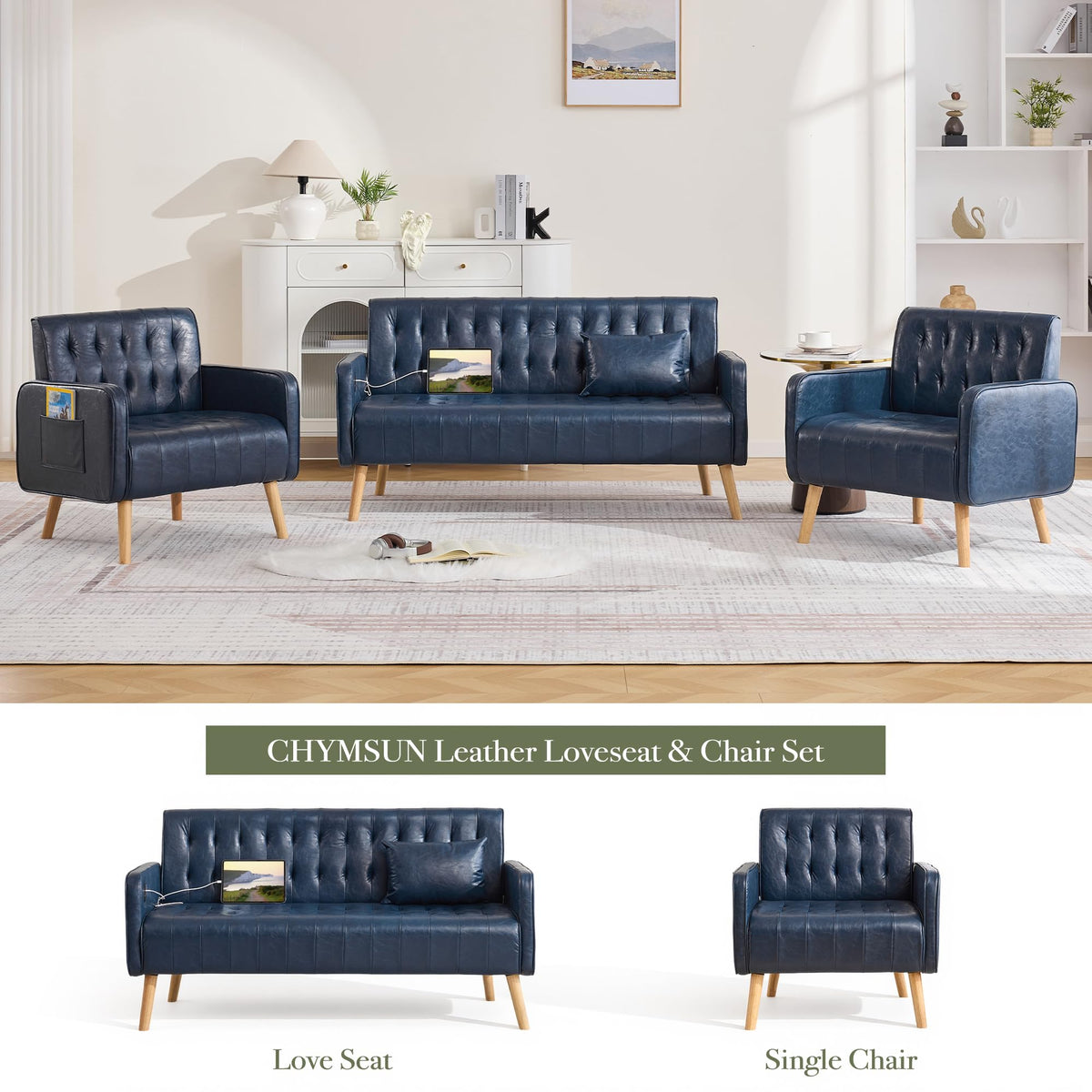 Leather Accent Chair Set of 2, Living Room Chair with Wooden Legs (Black)