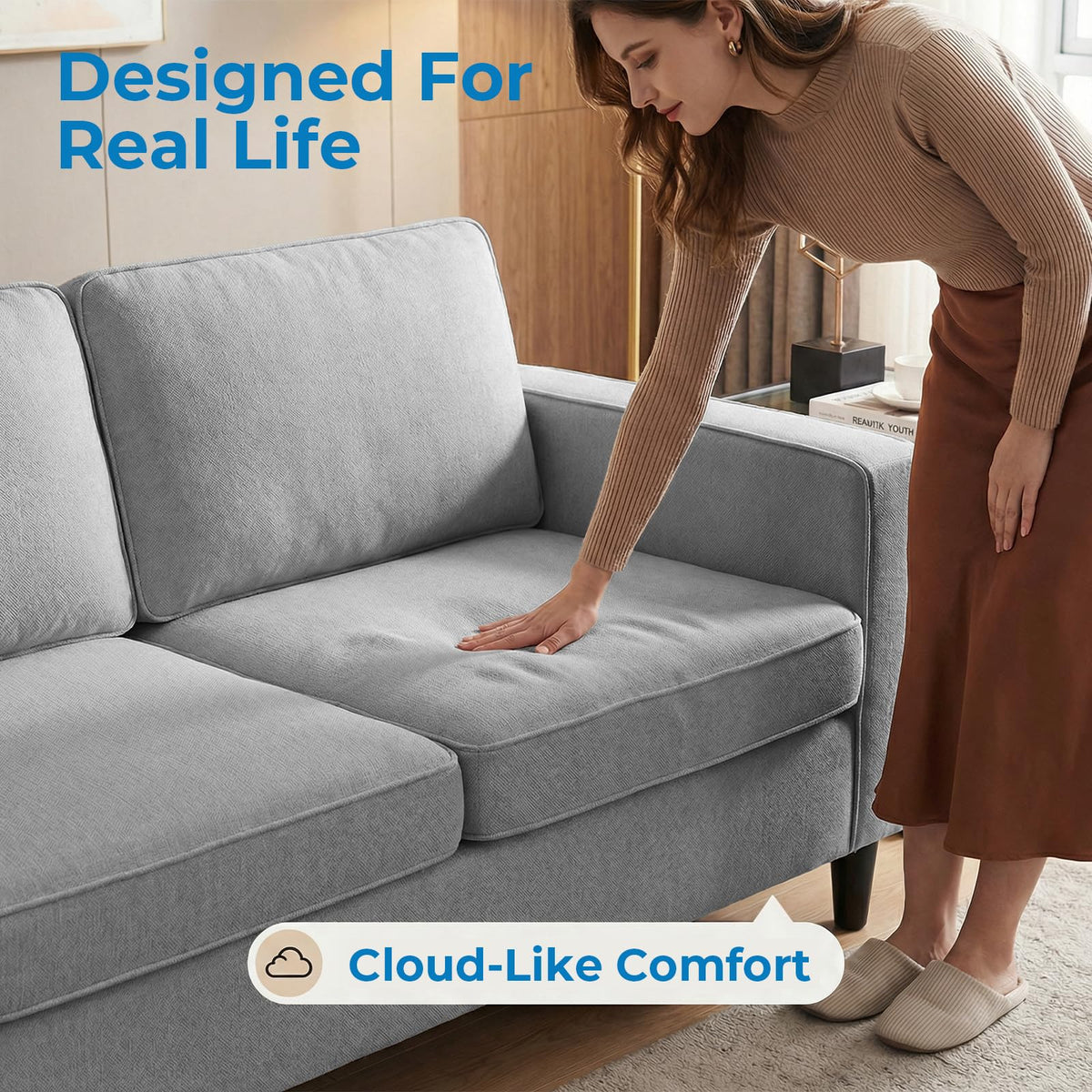 Mjkone 78"W 3 Pieces Sofa Couches Set for Living Room Sets Furniture, Sectional L Shaped 3-Seater Small Sofas Couch and Loveseat Sets with Storage Ottoman and Side Pockets for Home Office, Light Gray