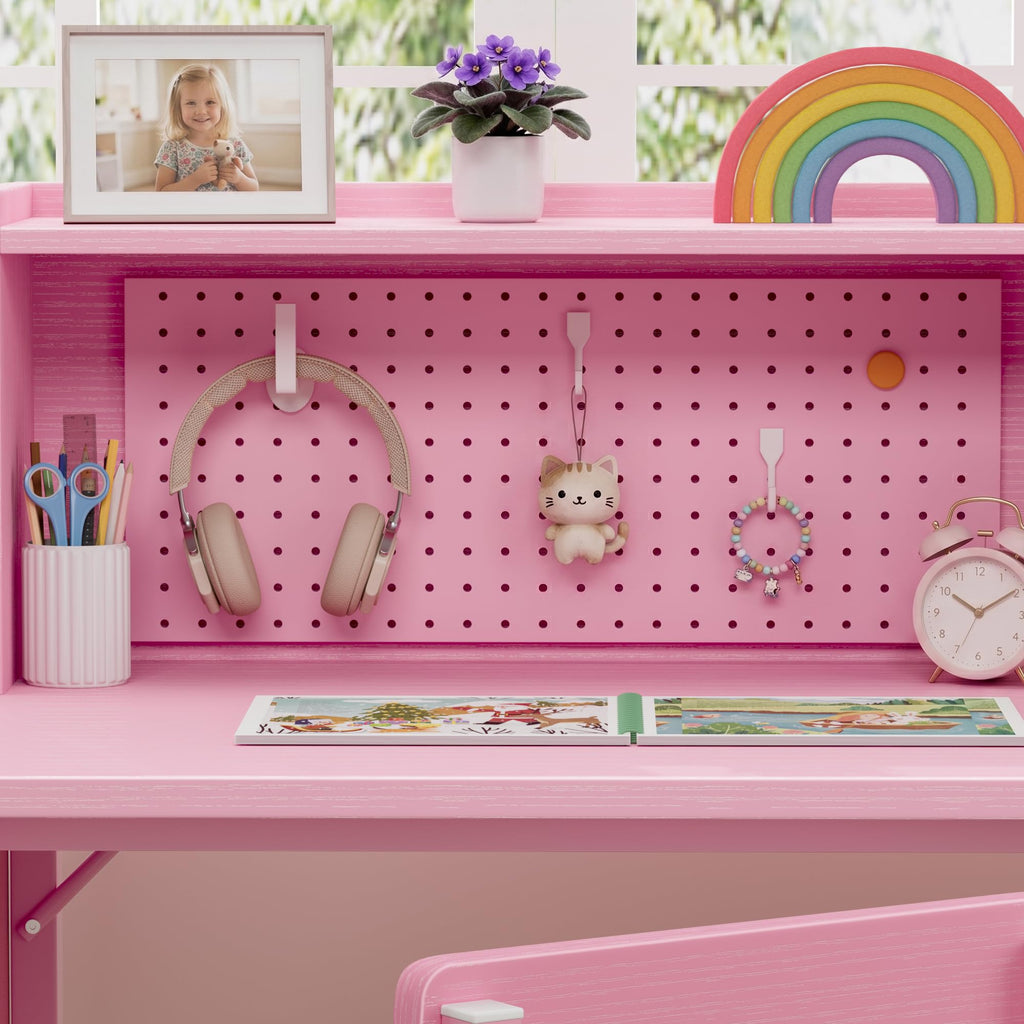 BOLUO Kids Desk and Chair Set for 6-12 Year Old, Children Study Desk with Hutch and Pegboard, Student Writing Table with Storage Shelf for Girls Boys