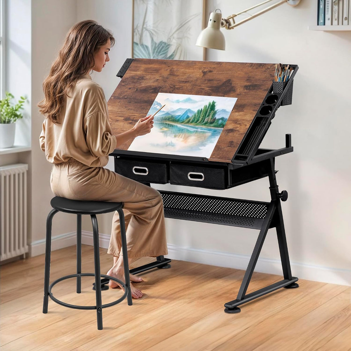 SUPER DEAL Drafting Table Set with Charging Station, Height Adjustable Tilting Drawing Desk Artist Desk with Stool Multifunctional Art Craft Workstation with 2 Storage Drawers for Home Office School