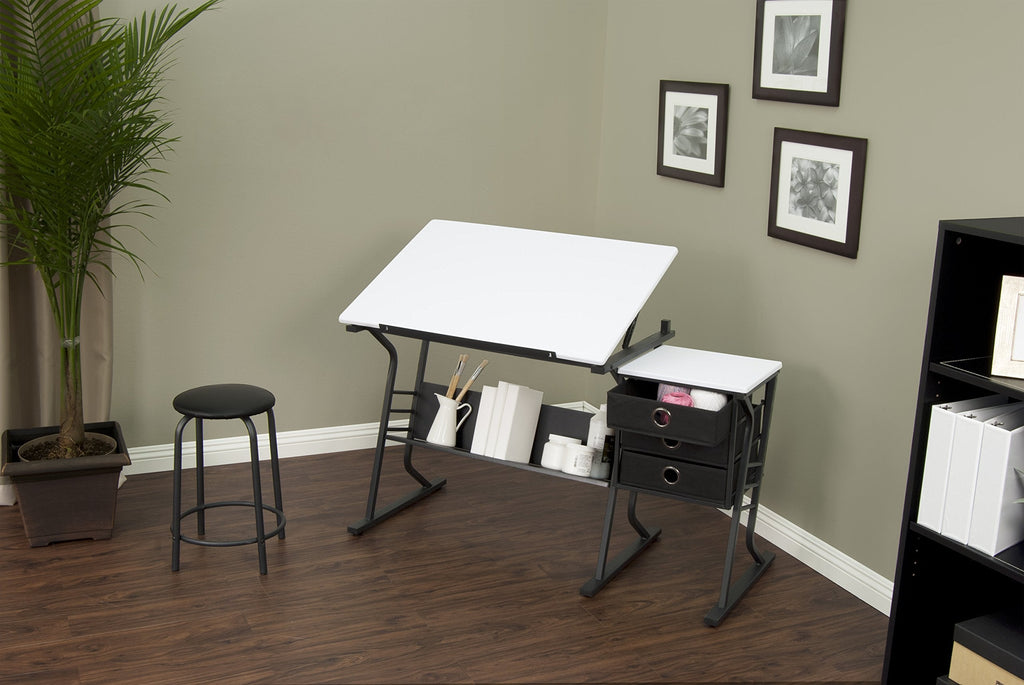 2 Piece Eclipse Ultra Center/Drawing Table with Stool, Angle Adjustable Top, Storage Shelves, and Drawers