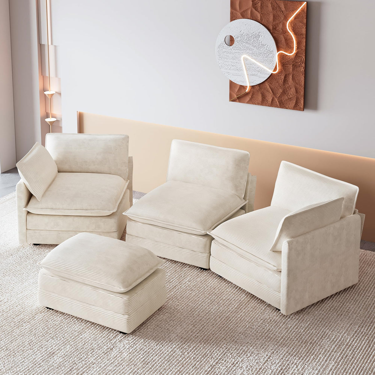 ROWHY 41'' Single Armchair with Ottoman, Modern Corduroy Cloud Couch with Convertible Chaise, Upholstered Sofa Set for Living Room, Green