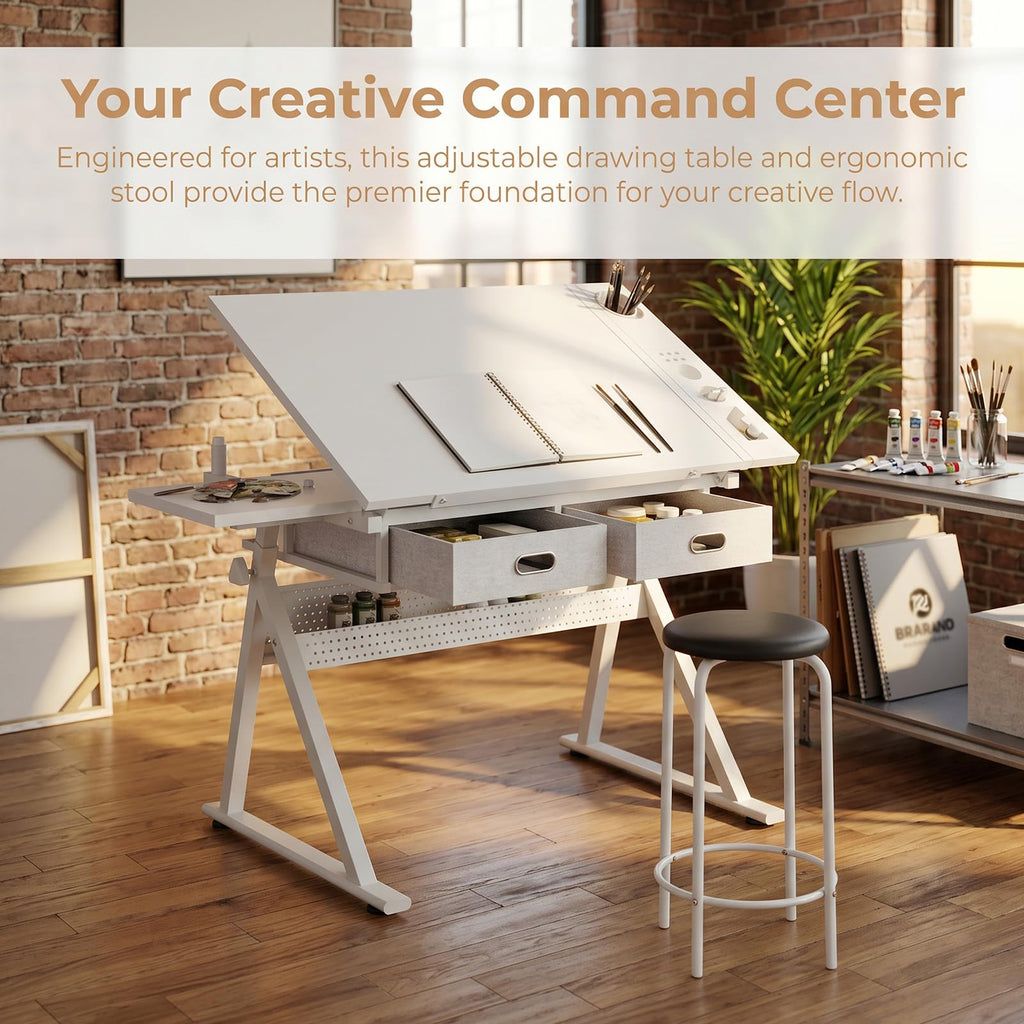 Height Adjustable Drafting Table w/Stool, Painting Table Art Craft Desk Crafting Drawing Desk with Tilting Tabletop, 2 Storage Drawers for Artist Painters (Rustic Brown)