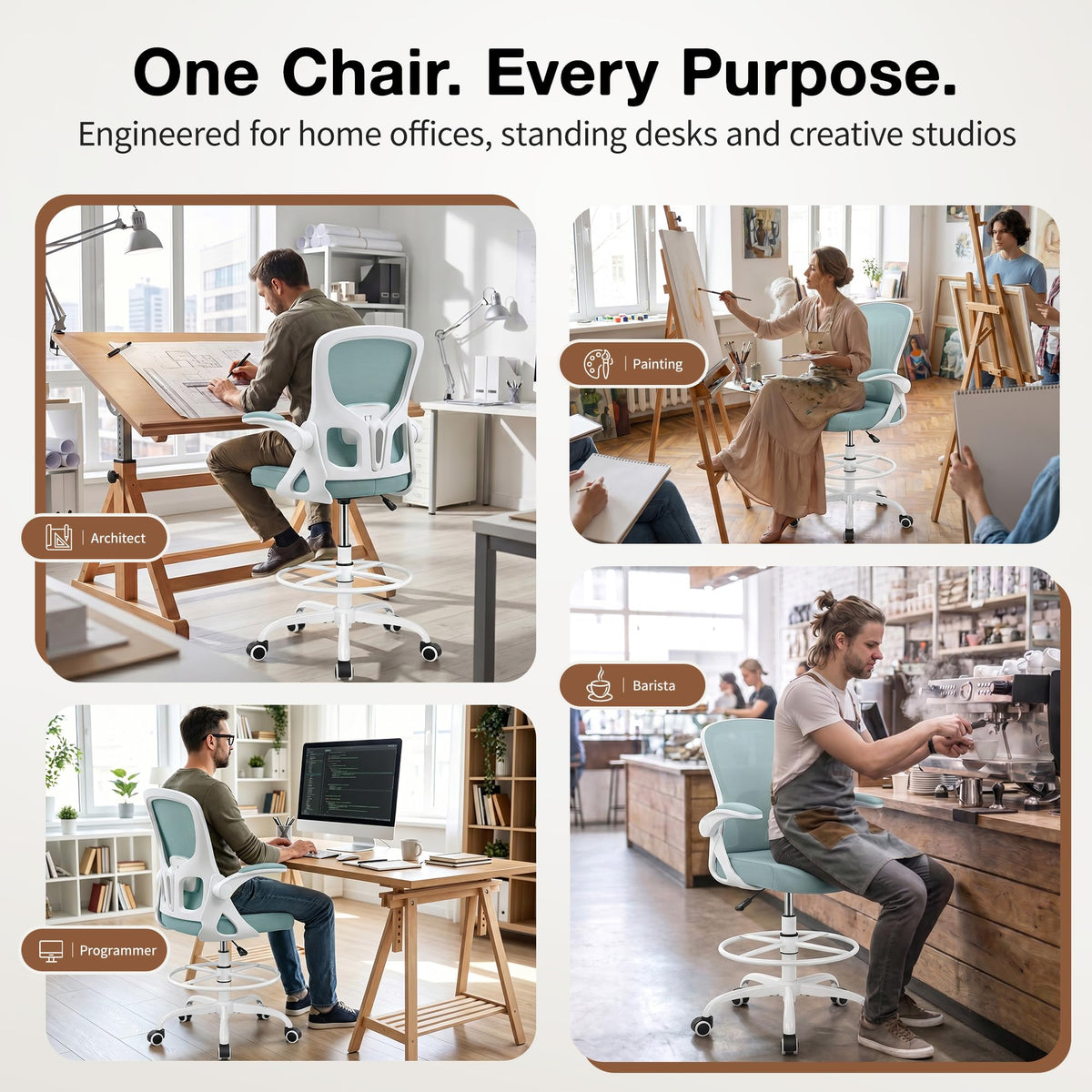 Drafting Chair, Tall Office Chair for Standing Desk with Flip-Up Armrests, Adjustable Foot Ring & Lumbar Support, Breathable Mesh High Desk Stool for Studio & Drafting Table, Black
