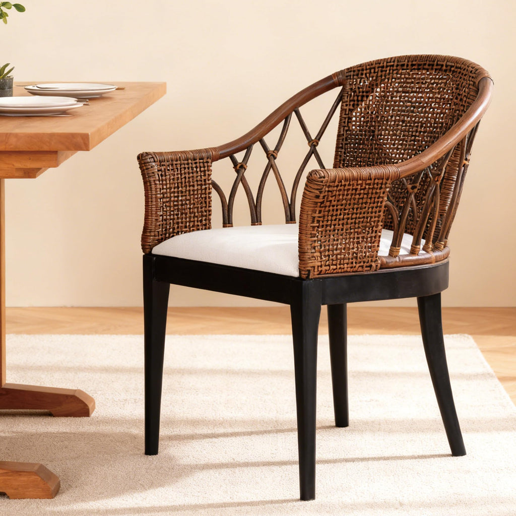 DUHOME 2 Sets Wood Rattan Arm Accent Chairs Natural Wash/White Cushion