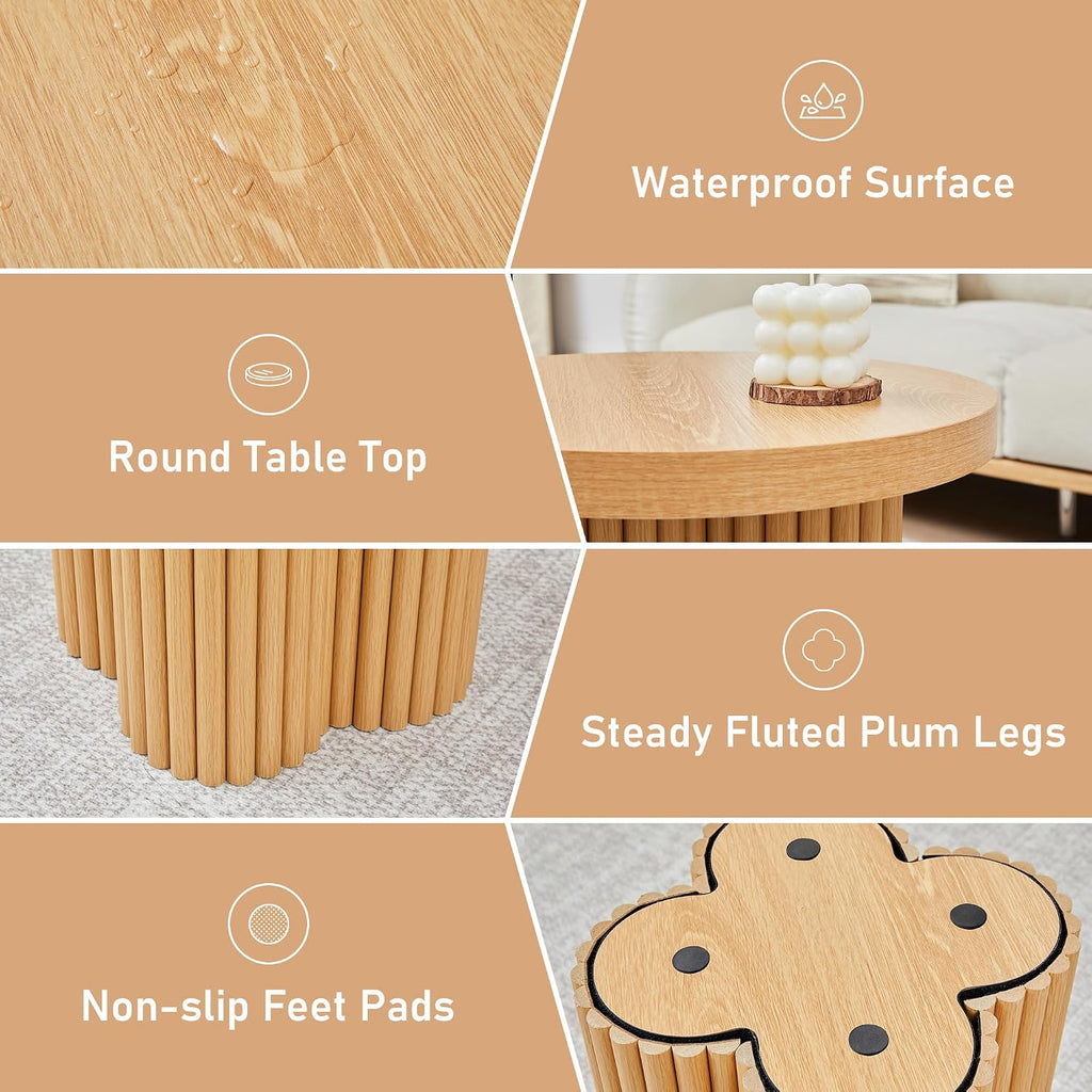 Round Nesting Coffee Table Set of 3 Fluted Coffee Table (Natural)