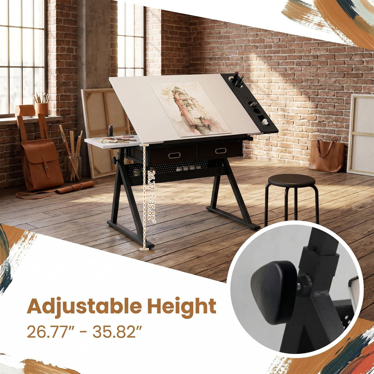 Drafting Table with Stool Height Adjustable Art Craft Desk with Storage, Tilting MDF Tabletop, Expansion Board, Drawing Table for Home Office, Artists, Painters (Rustic Brown)