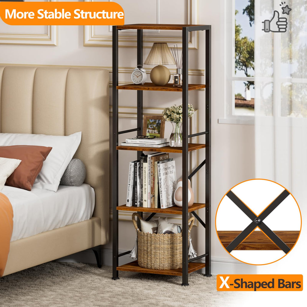 Furologee 5 Tier Book Shelf Set of 2, Tall Wide Bookshelf, Rustic Brown