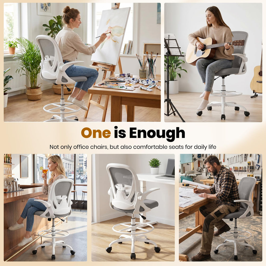 Drafting Chair Tall Office Chair with Flip-up Armrests, Adjustable Height, and Enhanced Lumbar Support - Ergonomic Rolling Stool, Back Support, and Adjustable Foot Rest Ring for Standing Desk White